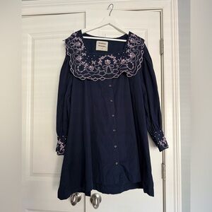 Damson Madder Navy Blue Dress with embroidered collar